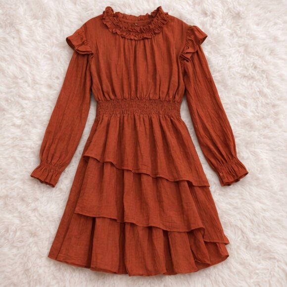 Grace Karin Dresses & Skirts - Grace Karin Burnt Orange Boho Ruffle Dress Size XXL | Tiered Midi Smocked Waist